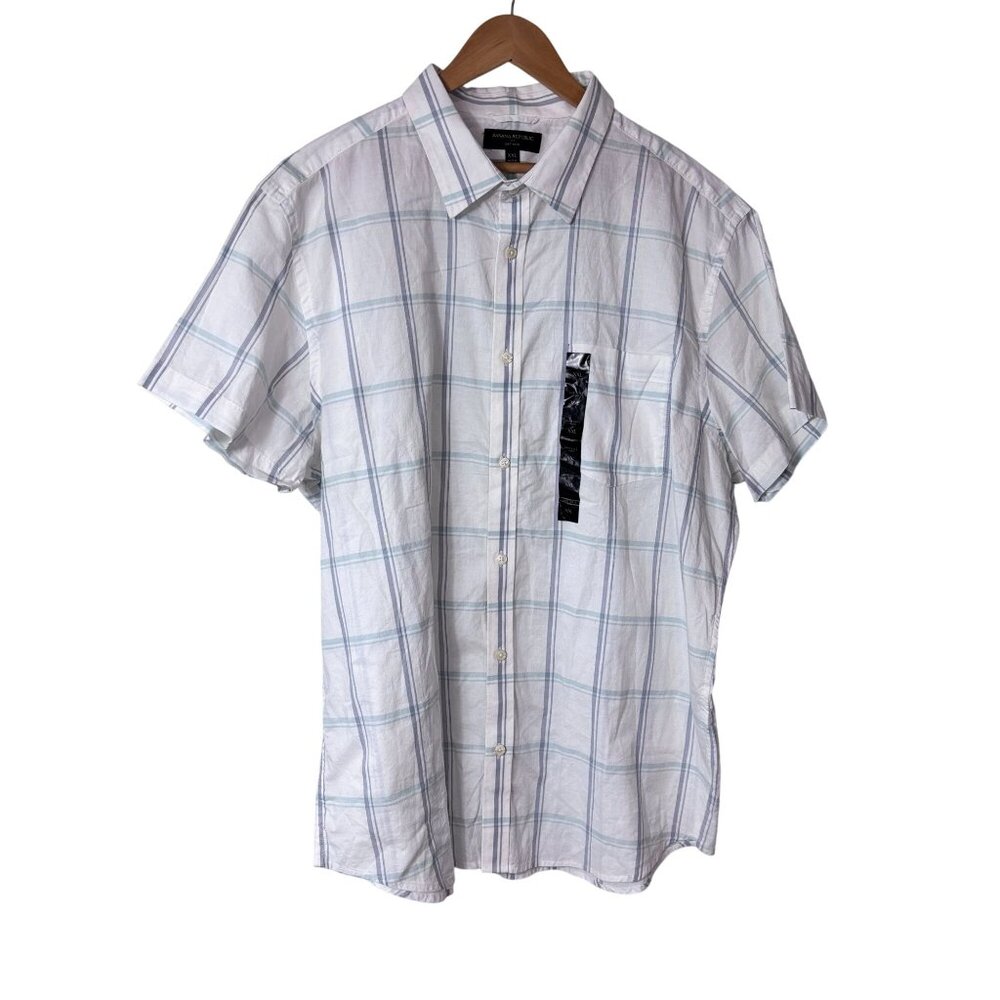 Banana Republic Mens Soft Wash Plaid Shirt XXL White & Blue Short Sleeve Button-